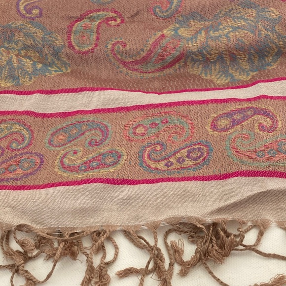 Pashmina 100% Pink Tan Paisley Scarf Wrap Grandma Cottage Romantic - Picture 5 of 6